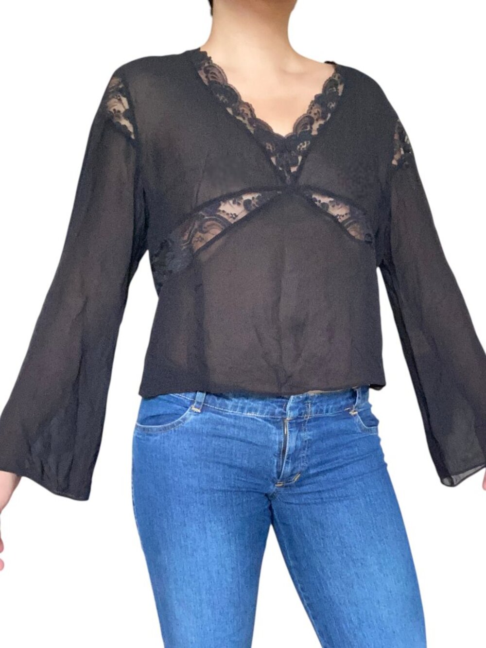 Moda International Silk Lace Cut Out Sheer Blouse Black Large Fairy Whimsigoth